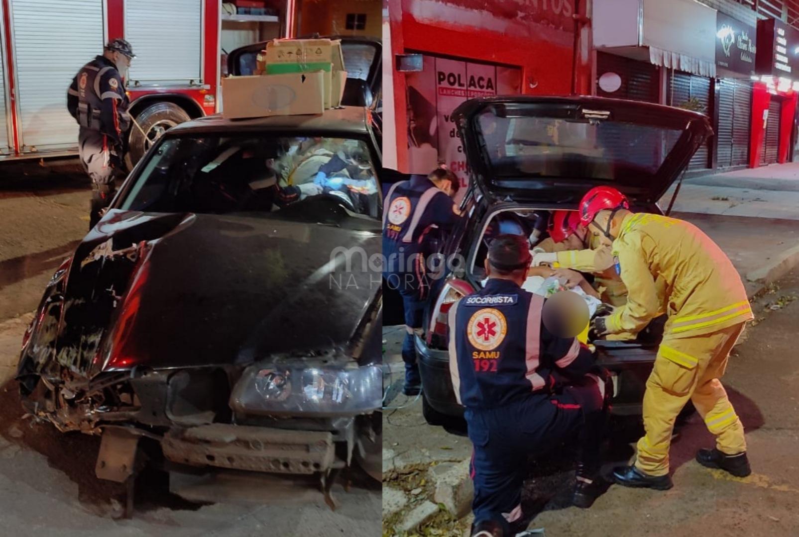 Socorristas retiram homem pelo porta-malas de veículo após acidente em Maringá