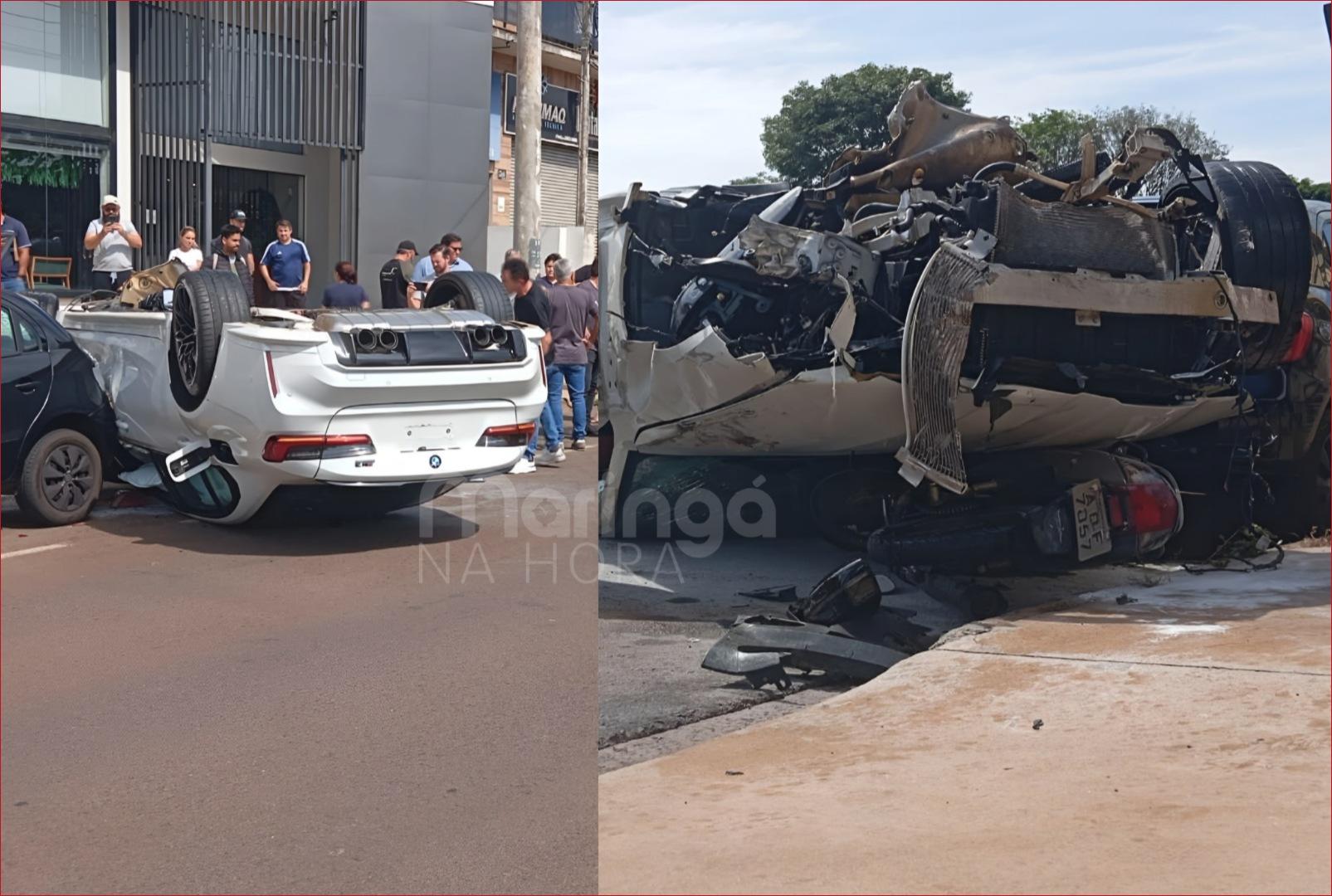 foto de Impressionante: imagens revelam momento em que carro de luxo capota e fica destruído em Maringá