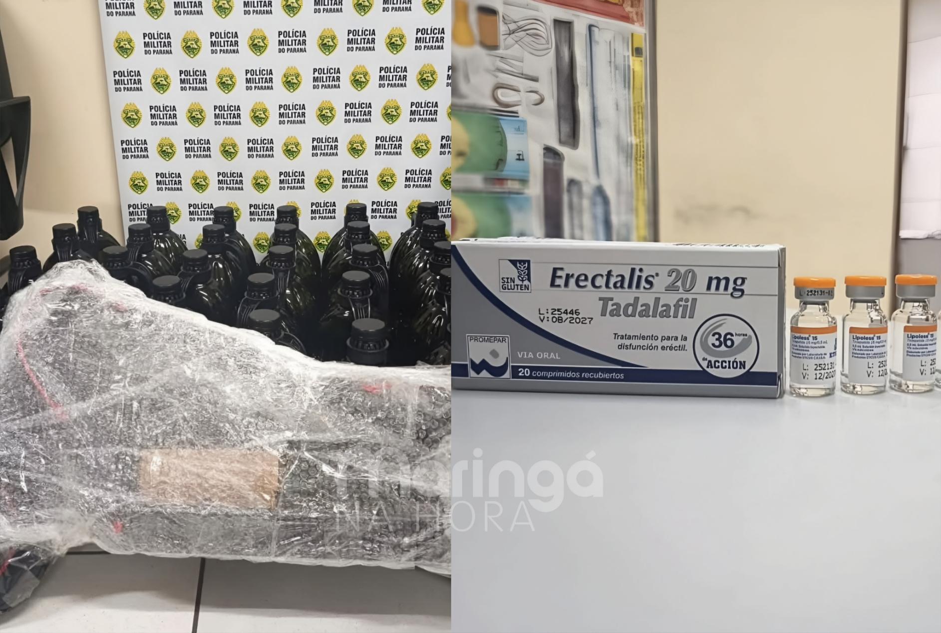 Carro é apreendido com 35 galões de azeite, perfumes e medicamentos como tirzepatida, testosterona, botox e tadalafila na PR-323