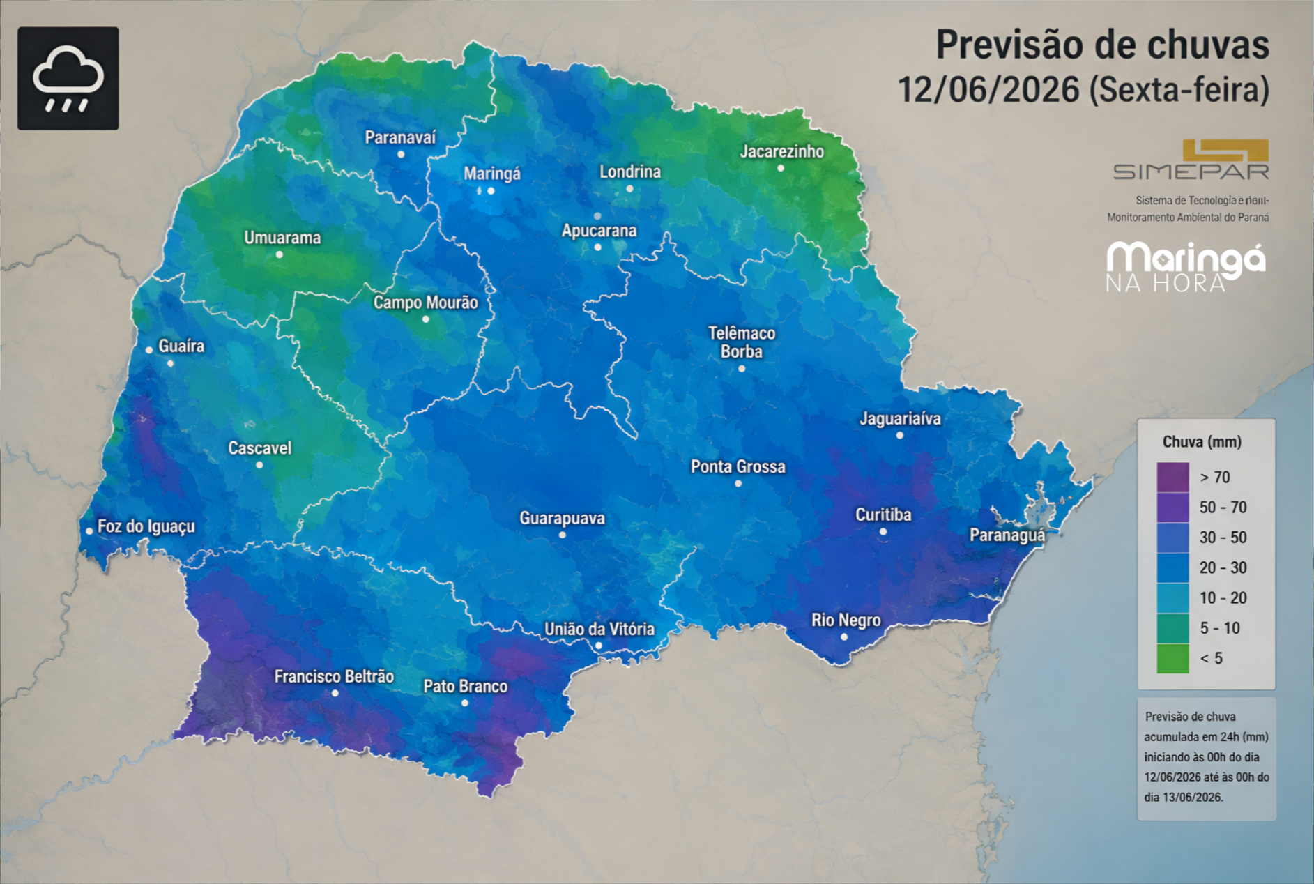 Instabilidade ganha força e Paraná tem risco de temporais nesta sexta-feira (12); veja as regiões mais afetadas