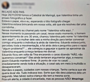 foto de Mãe denuncia tentativa de sequestro da filha de 3 anos na praça da catedral em Maringá