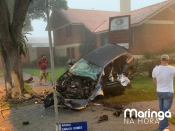 foto de Morre segunda vítima de acidente que deixou o carro totalmente destruído após bater contra árvore em Maringá